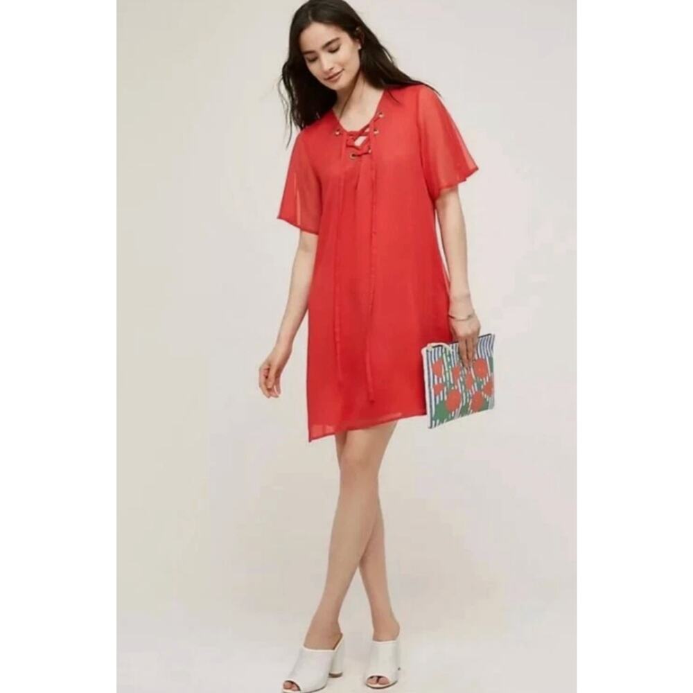 NWT Anthropologie 11.1 Tylho Red Chiffon Mini Lace-Up Tunic Dress Size XL